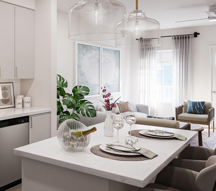 kitchen with island open to living room